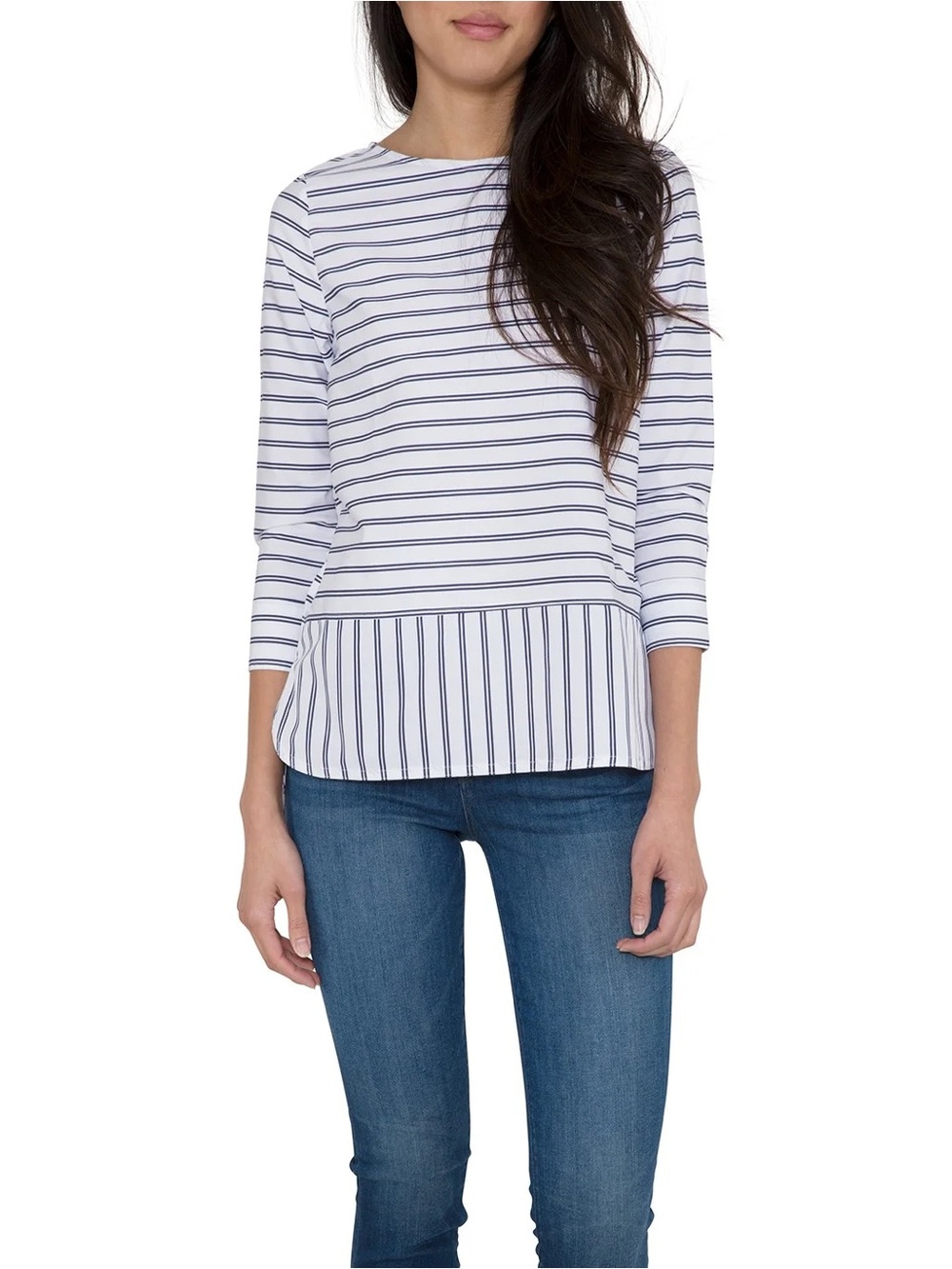 Ann Mashburn Striped Cotton High Low Blouse Top M Navy White Preppy